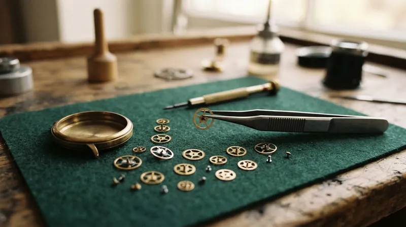 Macro photograph of a mechanical watch movement showing the brass date wheel and steel gears.