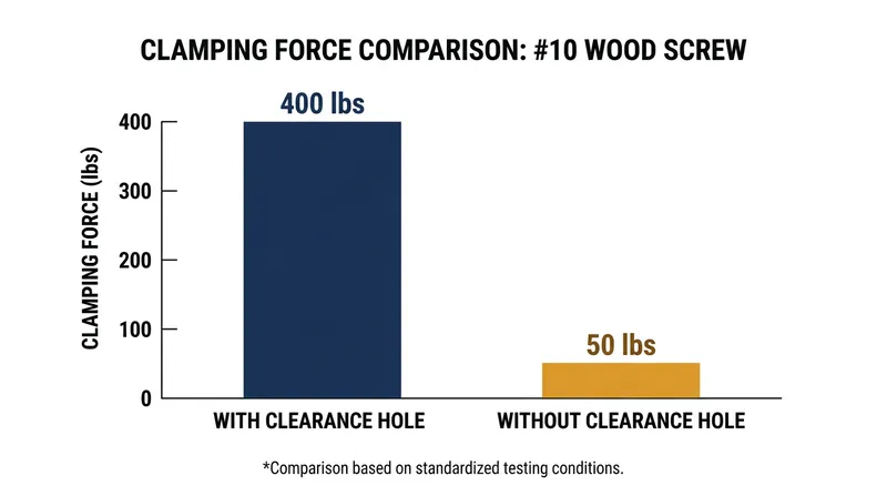 Skipping a clearance hole can reduce a fastener's effective clamping force by more than 80 percent.