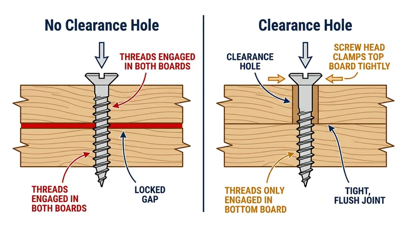 A clearance hole breaks the simultaneous thread engagement, allowing the screw head to act as a clamp.