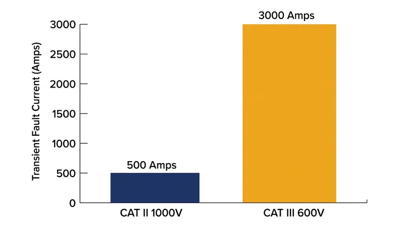 Despite a lower voltage rating, a CAT III 600V meter must absorb six times more fault current than a CAT II 1000V meter.