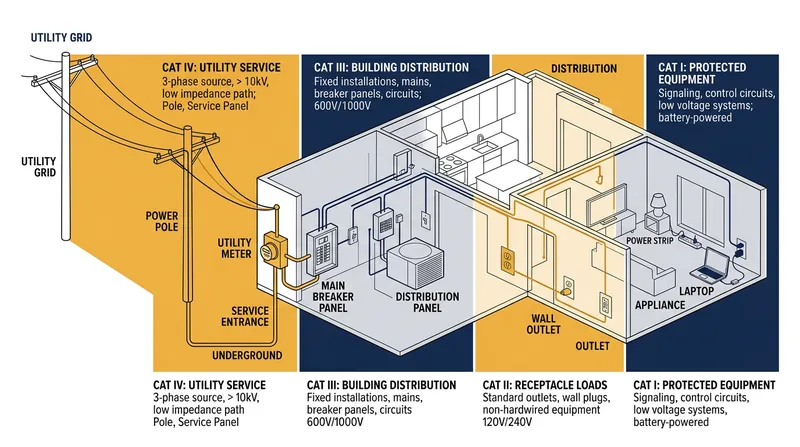 The IEC 61010-1 standard divides electrical environments into four categories based on their distance from the utility power source.