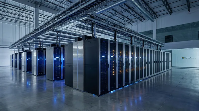 Rows of illuminated server racks inside a massive modern cloud computing data center facility.