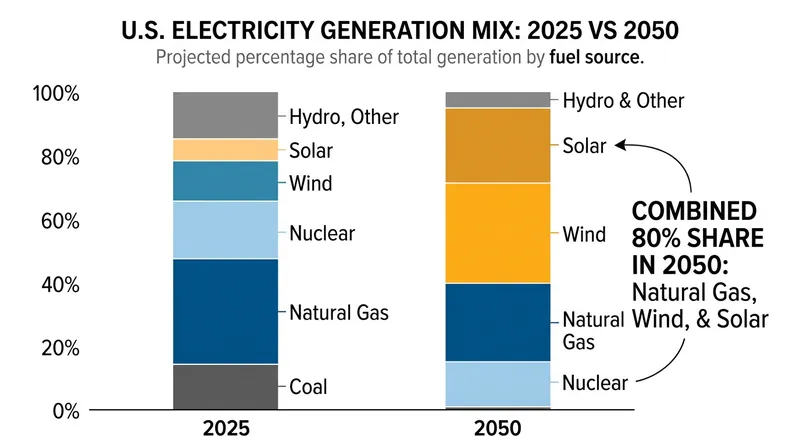 Natural gas, wind, and solar are projected to supply roughly 80 percent of all U.S. electricity by 2050.