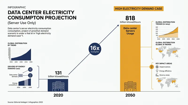 In the High Electricity Demand scenario, AI servers consume 16 times more electricity in 2050 than they did in 2020.
