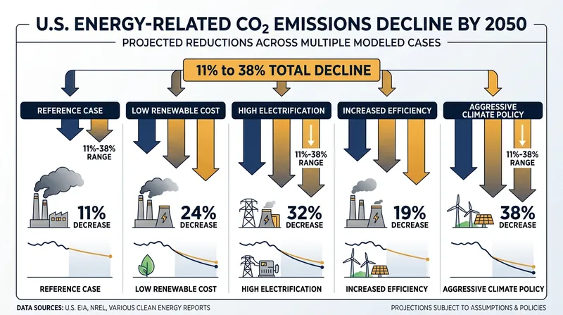 Energy-related carbon dioxide emissions decline across all modeled scenarios, though the pace depends heavily on fossil fuel prices and policy.