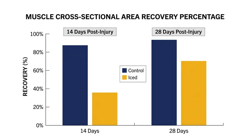 Animal models demonstrate that topical icing results in a smaller cross-sectional muscle area during the later stages of recovery.