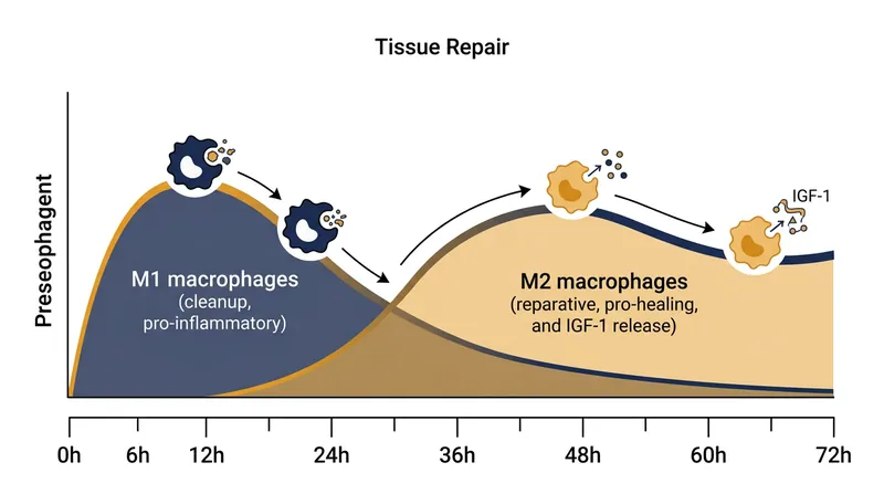 Macrophages must transition from a cleanup phase to a growth-factor release phase within the first 72 hours of an injury.