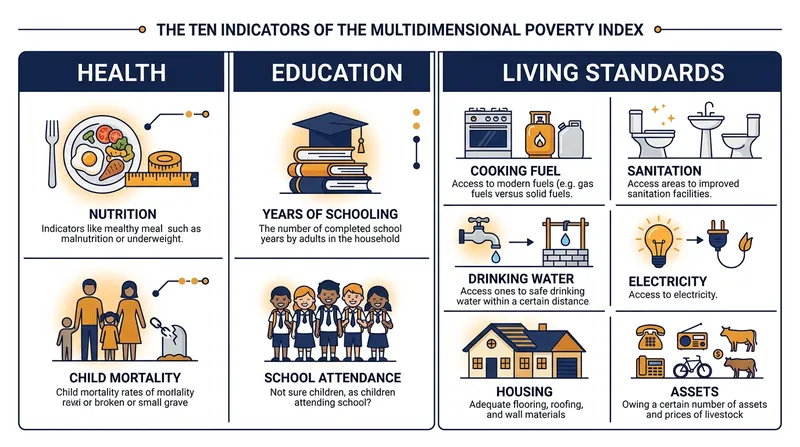 The Multidimensional Poverty Index measures deprivation across ten specific indicators rather than relying solely on income.