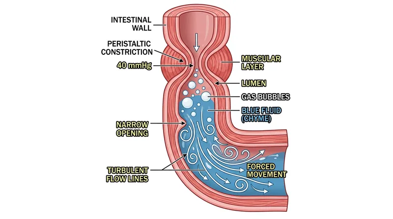 Borborygmi occur when high-pressure muscular waves force trapped gas and fluid through narrow intestinal segments.