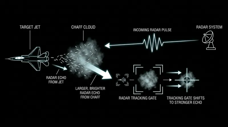 The radar tracking gate abandons the aircraft to lock onto the much larger return of the chaff cloud.