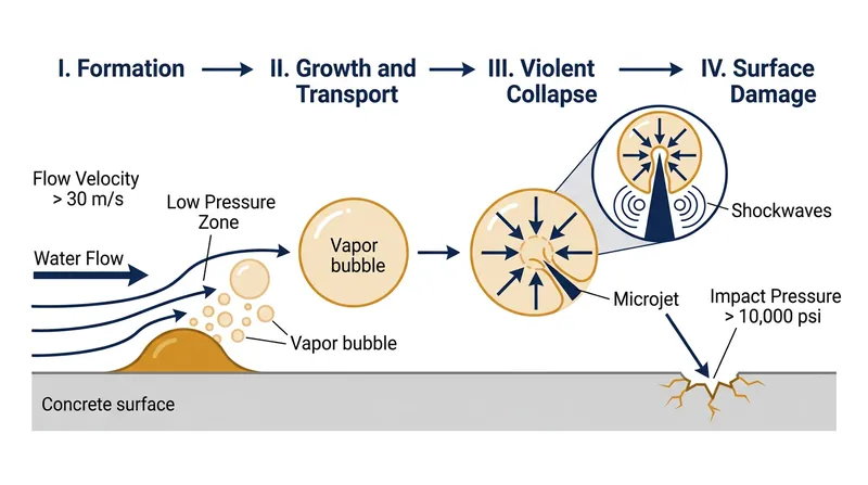 When water pressure drops below its vapor pressure, cavities form and subsequently implode with destructive force.