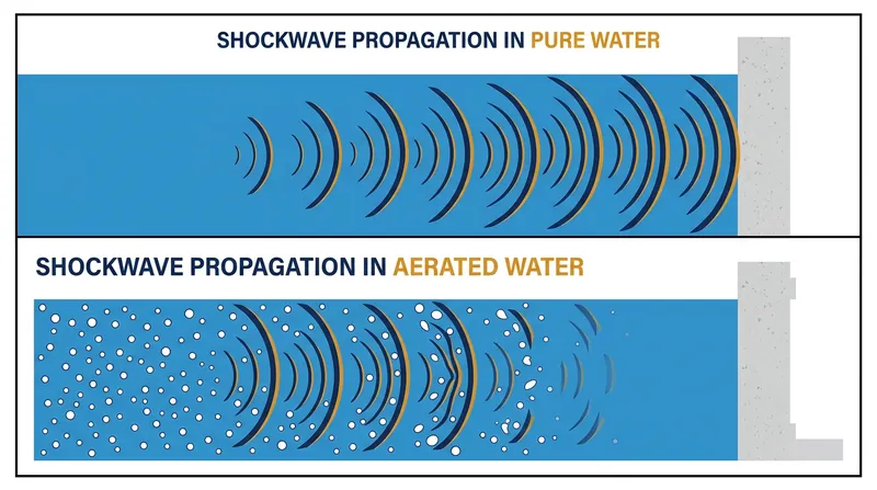 Entrained air bubbles act as microscopic shock absorbers, drastically reducing the acoustic impedance of the fluid.