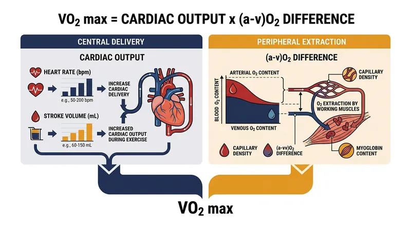 The Fick equation partitions aerobic capacity into central delivery and peripheral extraction.