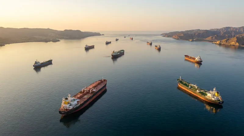 Commercial shipping vessels navigating the waters of the Strait of Hormuz under clear skies.