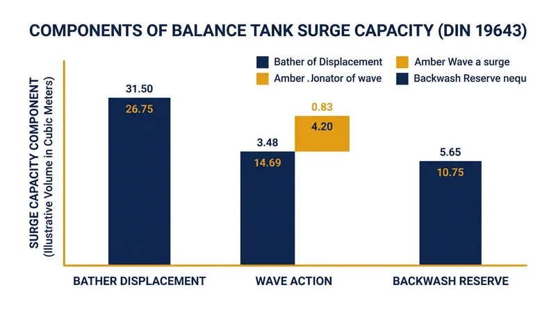 The DIN 19643 standard requires the balance tank to accommodate bather displacement, wave action, and backwash reserves.