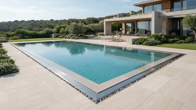 A modern perimeter overflow swimming pool perfectly flush with a stone patio at twilight.