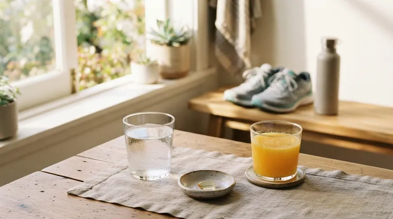 A runner in athletic gear taking a supplement pill with a glass of water in the morning.