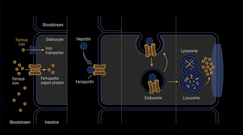 Hepcidin degrades ferroportin, trapping iron inside the gut and preventing it from reaching systemic circulation.