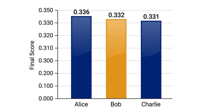 After Charlie shifts the divisors, Bob overtakes Alice despite no changes to their raw scores.