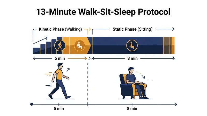 The 13-minute protocol requires continuous walking followed by a static consolidation period to ensure deep sleep.