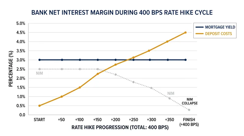 A rapid central bank tightening cycle quickly erodes the margins of any unhedged deposit-funded lender.