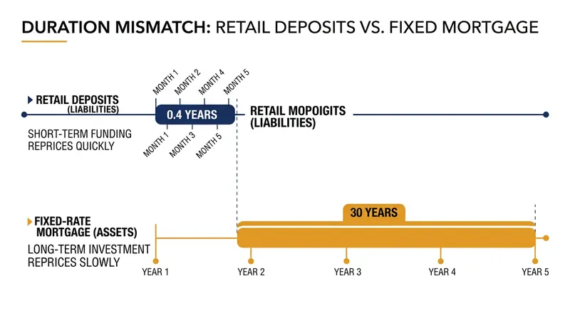 Duration mismatch occurs when a bank funds multi-decade assets with liabilities that reprice almost instantly.