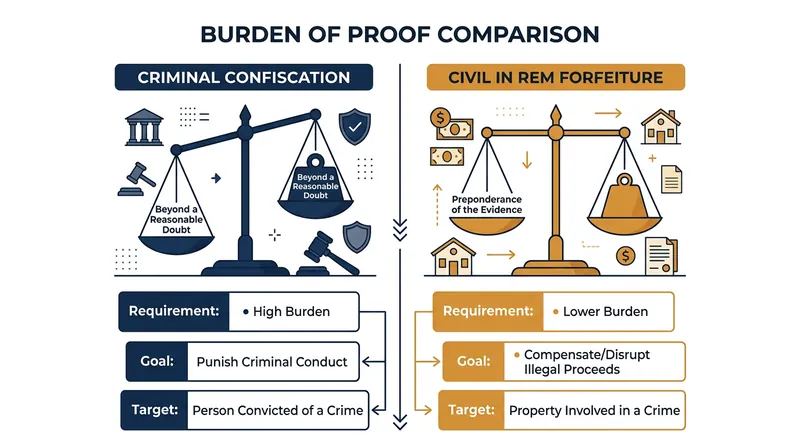 Civil forfeiture lowers the evidentiary threshold, requiring only that an asset is more likely than not tied to criminal conduct.