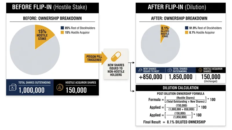 A standard flip-in provision instantly destroys nearly half of a hostile bidder's voting power.