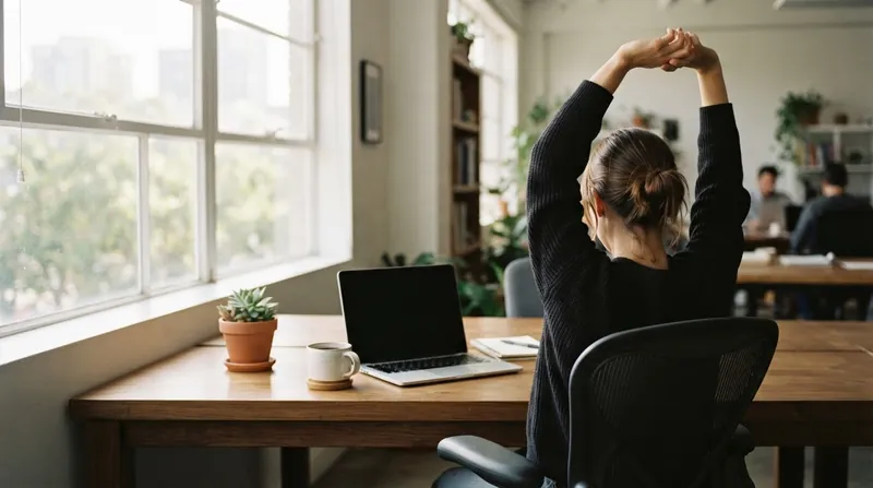 A modern office worker standing beside their desk stretching their arms while looking away from the computer.