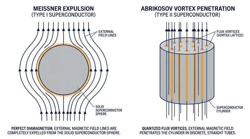 Unlike Type I materials, Type II superconductors allow magnetic fields to penetrate in microscopic, quantized tubes.