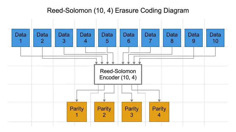 Reed-Solomon encoding splits files into 10 data blocks and calculates 4 parity blocks, dropping local overhead to 1.4x.
