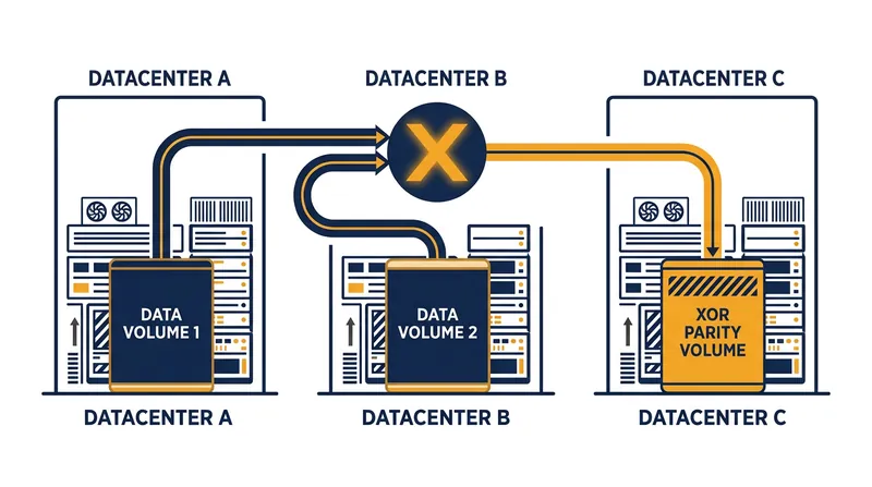 Geo-XOR striping protects against total datacenter failure by storing a calculated parity volume in a third geographic region.