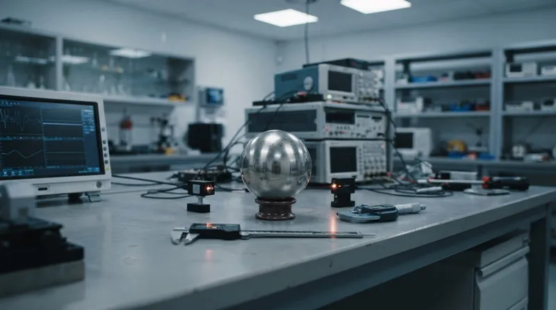 A polished metallic sphere representing a nuclear core resting on a sterile steel laboratory workbench.