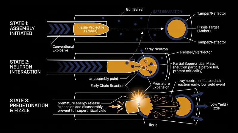 In a gun-type assembly, stray neutrons from plutonium-240 initiate the chain reaction before the core is fully seated.