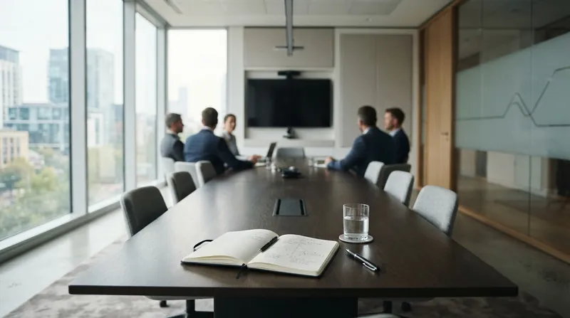 A corporate executive speaking at the head of a boardroom table while colleagues look confused.