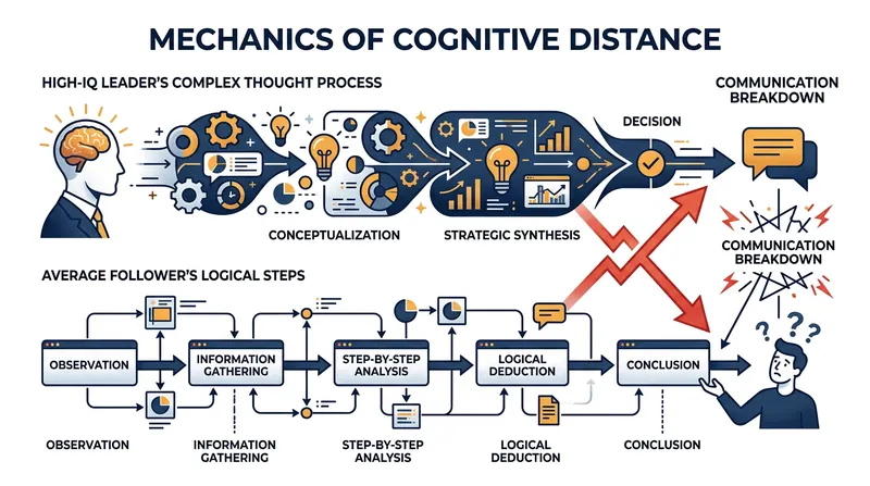 Cognitive distance occurs when a leader's rapid information processing skips the intermediate steps required for team comprehension.