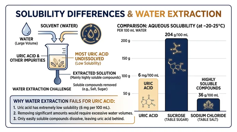 Uric acid's exceptionally low solubility limit prevents standard hot water extraction from flushing the crystals out of the carpet padding.