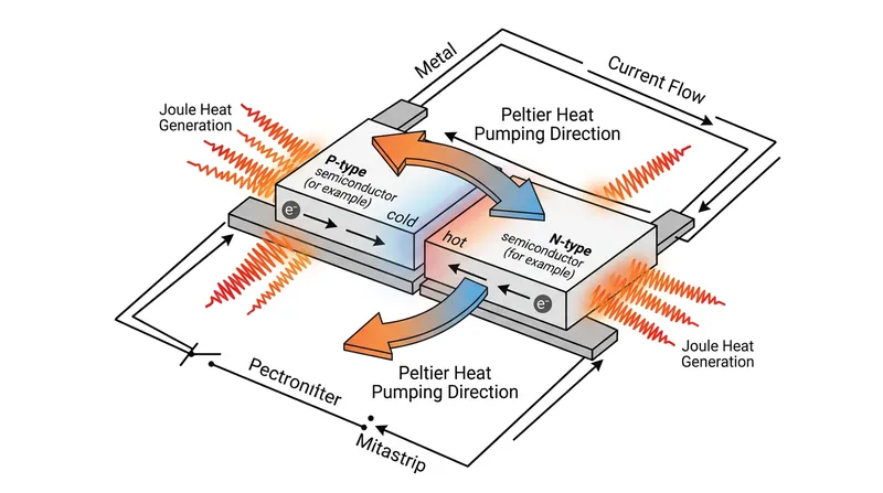Charge carriers absorb heat at the cold junction, but generate waste heat as they travel through the semiconductor.
