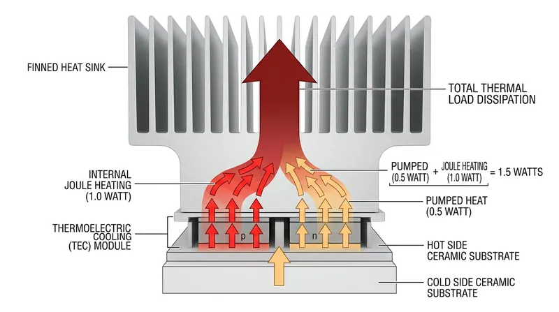 The hot side of a module must reject both the extracted thermal load and the electrical input power.