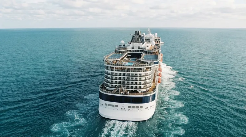 A large cruise ship docked in Miami with a Bahamian flag flying prominently from its stern.