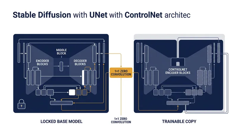 The trainable copy duplicates the encoding blocks of the UNet, connecting back to the locked decoders via zero-initialized convolutions.