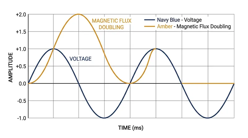 Because flux is the integral of voltage, energizing at zero volts forces the entire magnetic wave above the axis, doubling its peak amplitude.