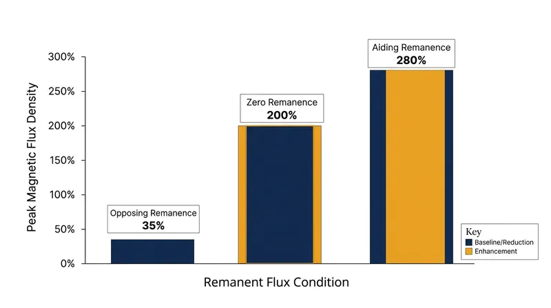 Leftover magnetic memory in the core can either dampen the initial surge or push the flux to catastrophic levels.