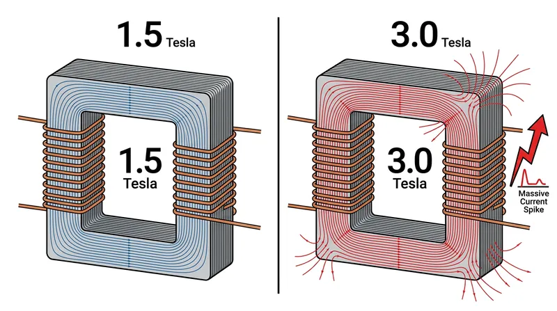 When the transient flux exceeds the physical limits of the electrical steel, the core saturates and the primary coil draws massive inrush currents.
