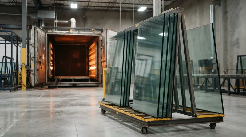 Illustration: Finished tempered panels are reheated to 290°C in massive ovens to force defective glass to shatter safely in the factory.