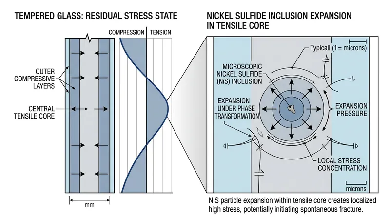 The expanding crystal pushes outward against a glass matrix that is already locked in a state of extreme internal tension.