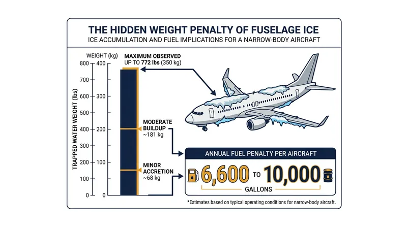 Trapped fuselage water adds permanent dead weight, forcing engines to burn thousands of extra gallons of fuel annually.