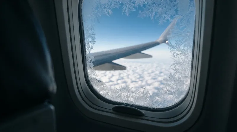 Exposed interior ribs and fiberglass insulation blankets of a commercial aircraft fuselage covered in frost.