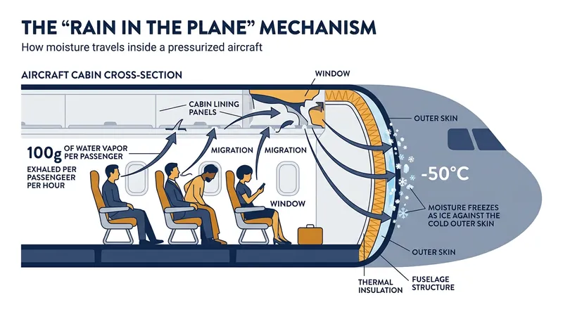 Passenger breath and sweat naturally migrate toward the coldest surface, freezing against the outer hull.