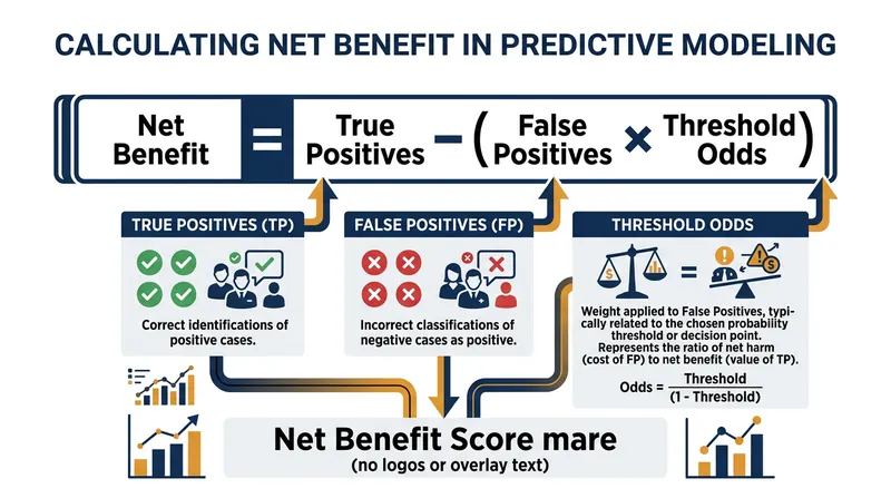 The net benefit equation penalizes false positives based on the threshold odds ratio.